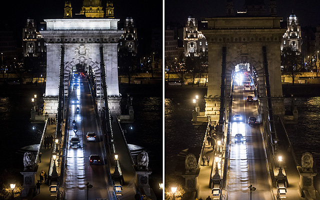 The Chain Bridge (Lánchíd) before the Earth Day’s action, lightened (L), and during the action, with lights turned off, on the evening of 19 March 2016