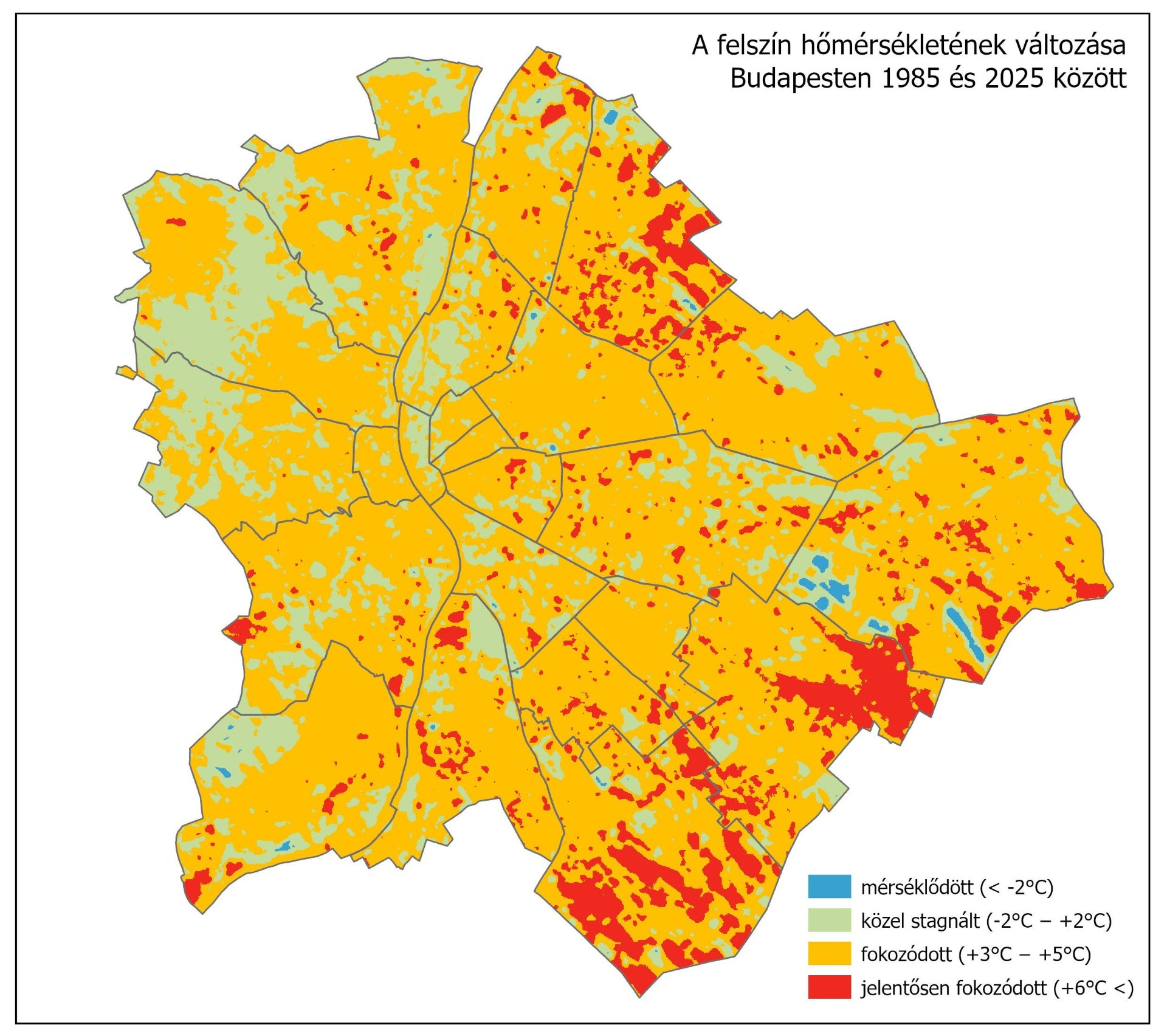 A felszínhőmérséklet változása Budapesten 1985 és 2025 között. A város túlnyomó részén 3–5 °C-os emelkedés mérhető, a külső pesti kerületek egyes – jellemzően újonnan beépült – területein 6 °C felett. A budai hegyvidék nagyrészt stagnált.
