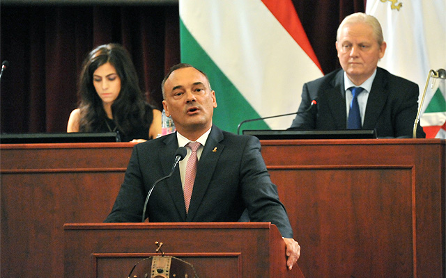 Zsolt Borkai, Chairman of the Hungarian Olympic Committee delivers his speech during the meeting of the Budapest General Assembly on 23 June 2015